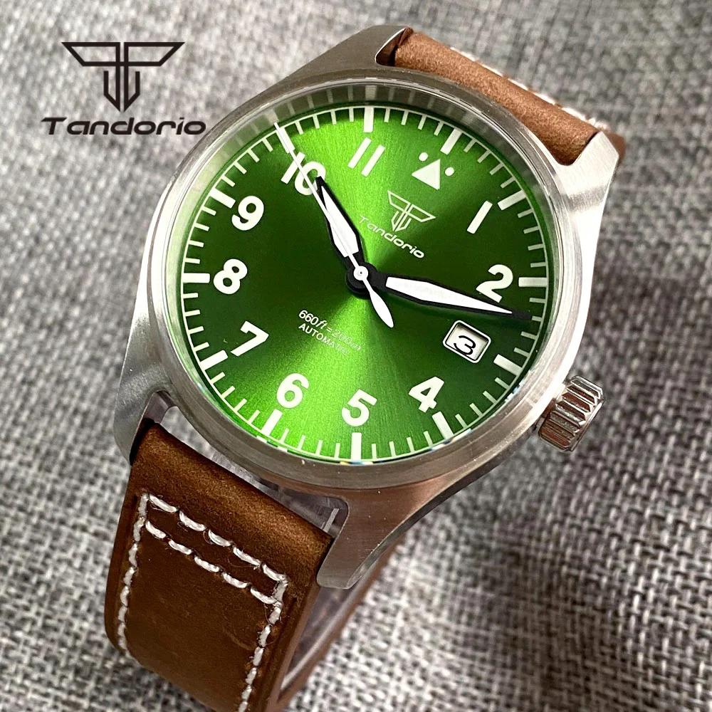 Tandorio 39mm NH35A Pilot Dive Men Automatic Watch 20Bar Green Sunburst Aviator Dial Date Luminous Sapphire Glass Screw Crown