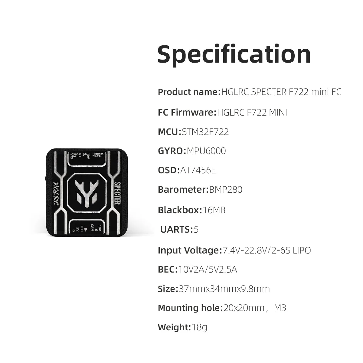 HGLRC SPECTER F722 Mini MPU6000 Gyro HD/VTX Freestyle/Racing FPV Flight Controller FC Drone Parts