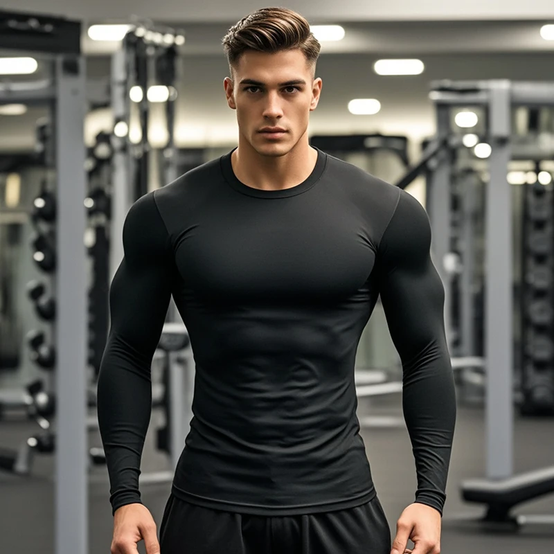 Mens Muscle Slim Fitted Lightweight T Shirts Autunm Anti-Wrinkle Crewneck Gym Workout Fitness Long Sleeve Running T-Shirts