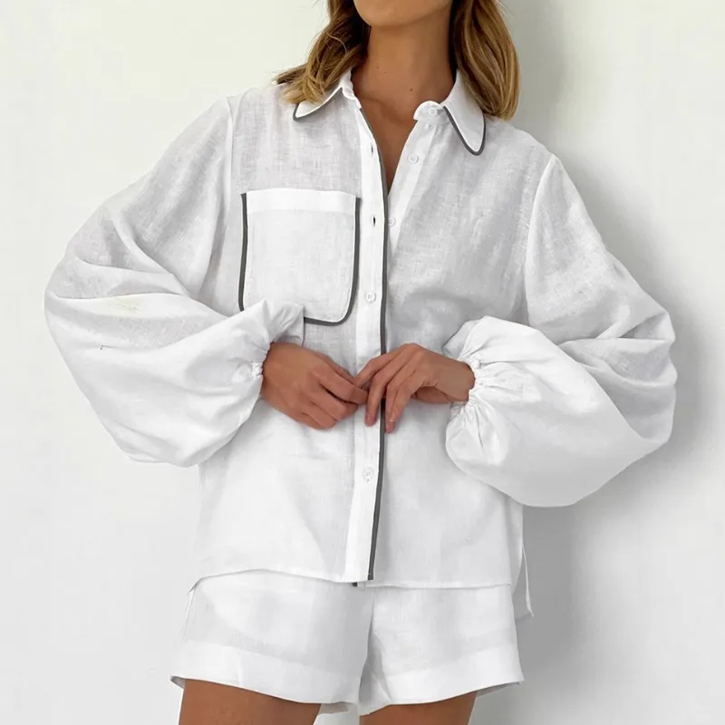 2026 Women's European American Autumn Cotton Linen Loose Pajama Set Long Sleeves Shorts Stylish Lounge wear Outdoor Wear L Size