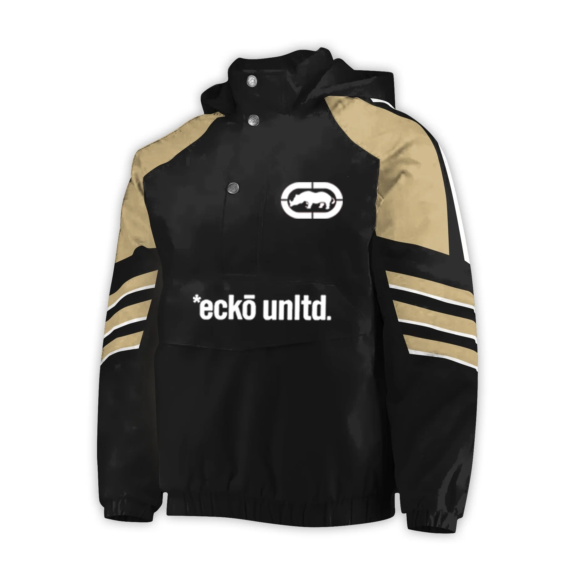 Hip‑Hop Men Half Button Pullover Windbreaker Burgundy Beige Color Block Ecko Unltd Rhino Graphic Hooded Anorak Jacket Striped Sl