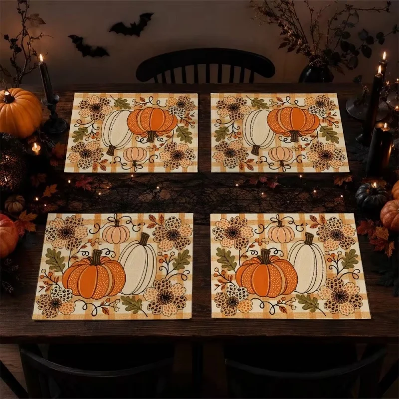 Fall Pumpkin Floral Buffalo Plaid Linen Placemats Seasonal Harvest Decor Heat‑Resistant Dining Table Mats
