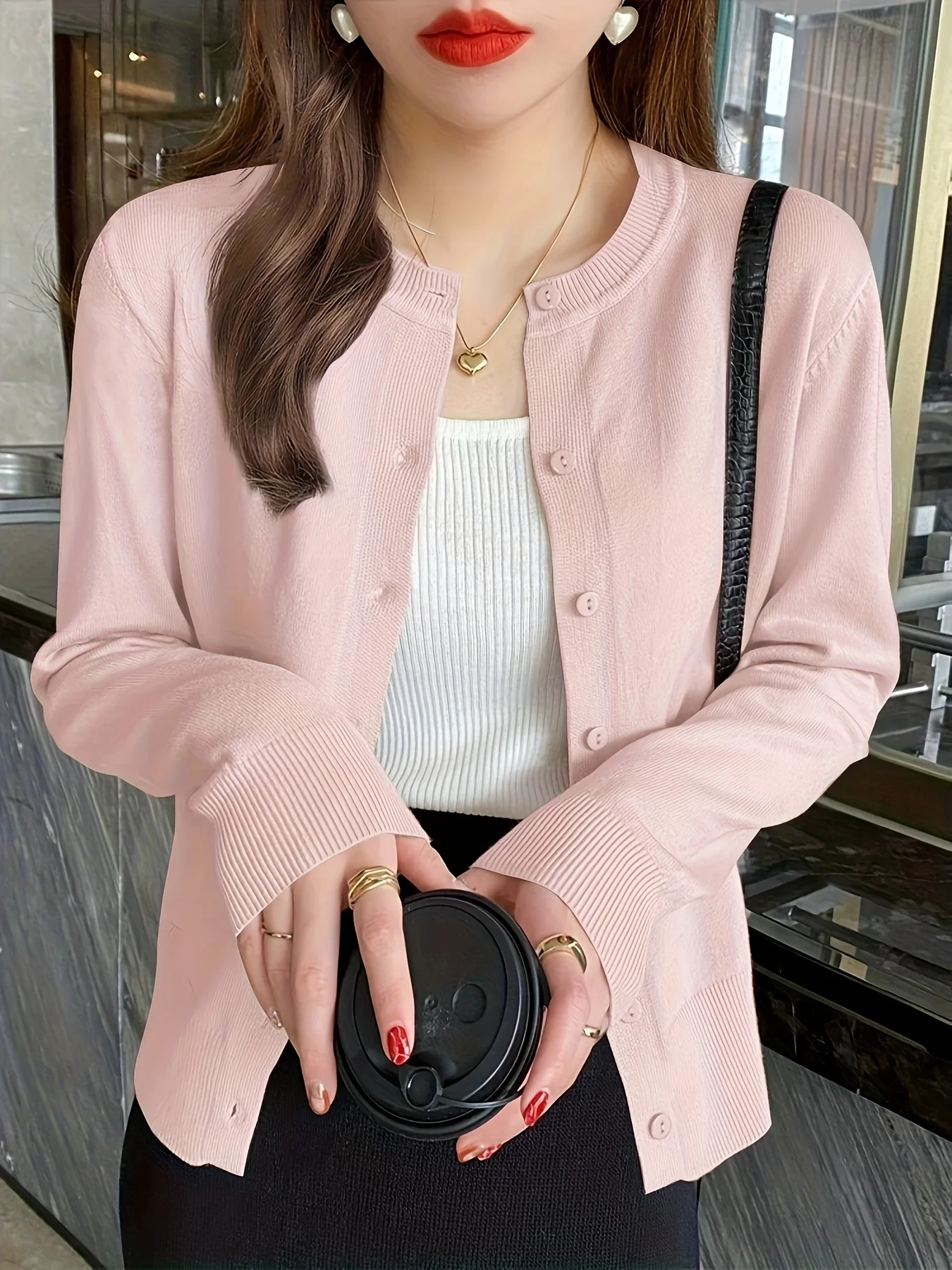 

Y2K Solid Color Button Front Cardigans, Elegant Crew Neck Long Sleeve Knitted Cardigans Top For Spring & Fall, Women's Clothing