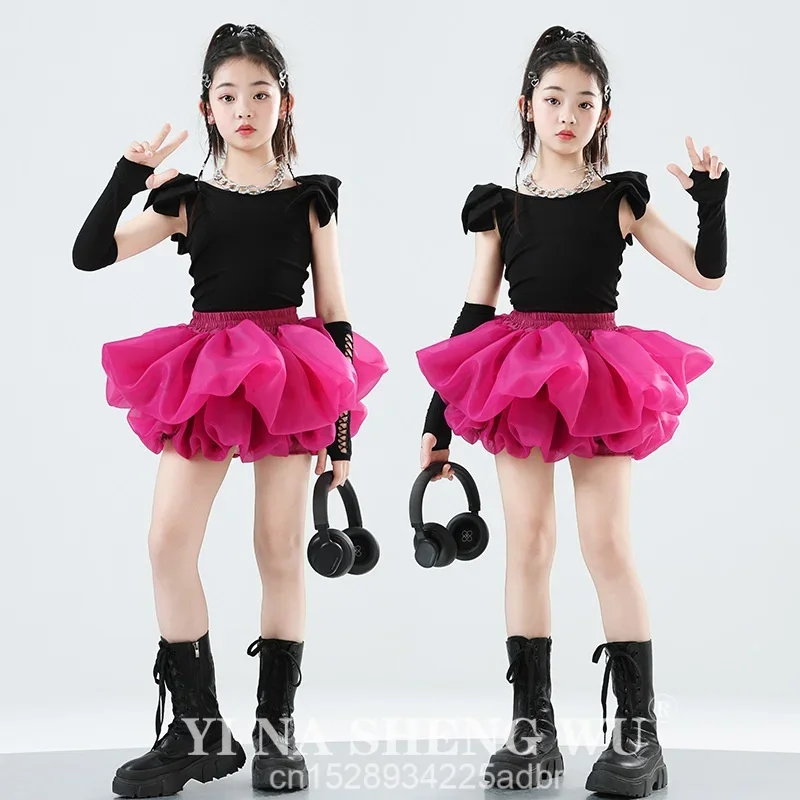 Jazzdanskostuum Zwarte Tops Roze Korte Rok Set Kinderhip Hop Street Dance T-Stage Model Show Mode Kleding Meisjes