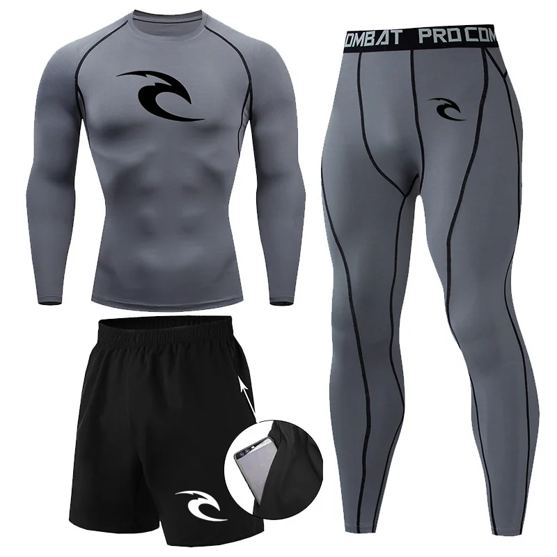 3 Pcs Set Men Compression Tshirt+Pants Sport Suits Running Sets Quick Dry Sportswear Training Gym Fitness Tracksuits S-4XL