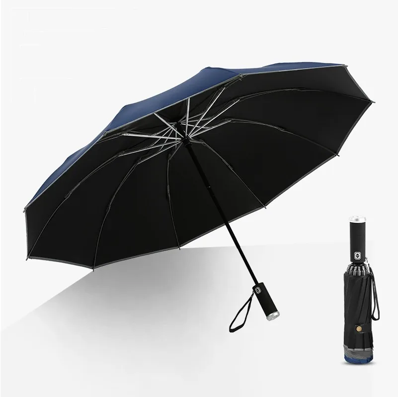 LED Light Travel Automatic Folding Reverse Umbrella 10 Ribs Reinforced Windproof UPF 50+ UV Protection Auto Open Close Men Women