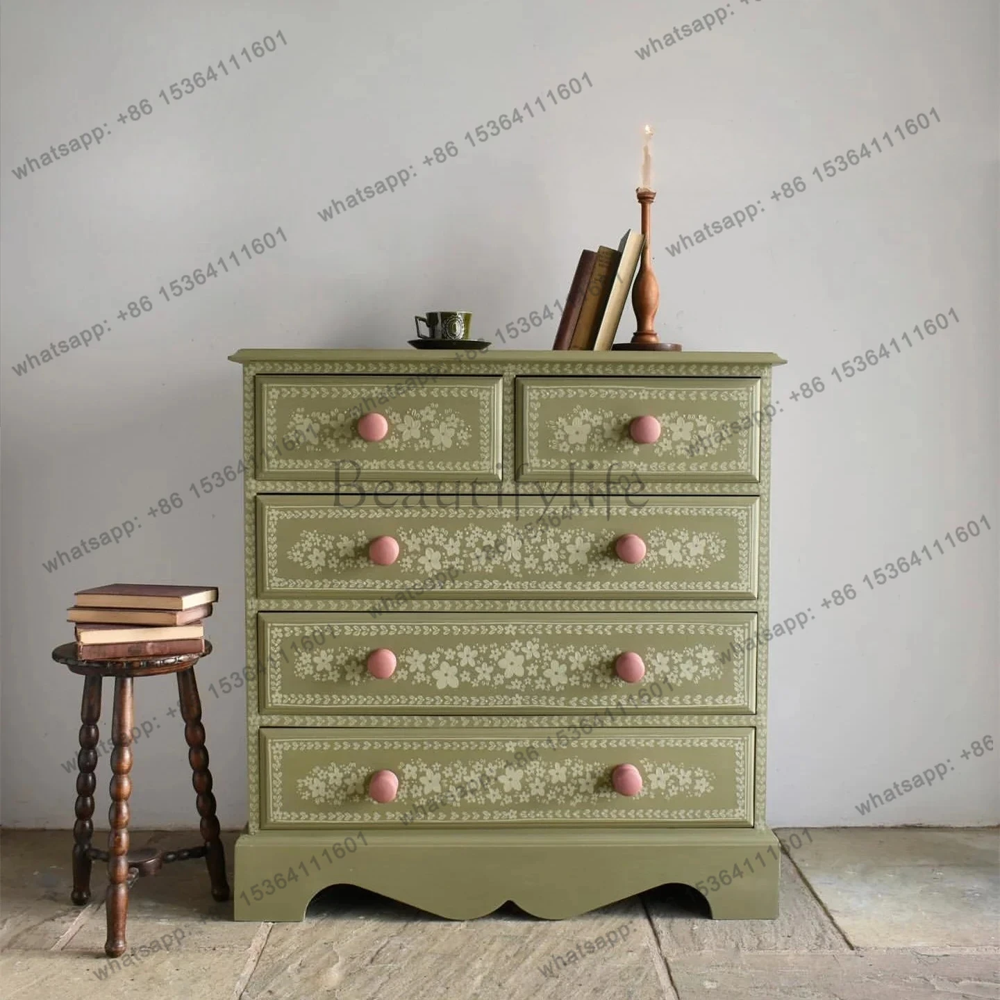 

French retro green solid wood five buckets American modern simple hand-painted simple locker furniture
