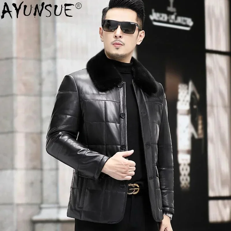 AYUNSUE Genuine Leather Jacket Men Winter 100% Brown Top Real Sheepskin Coats Warm Mink Fur Lapel Down Jackets Man