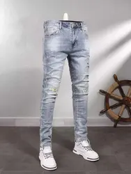 High Street Fashion Men Jeans Retro Light Blue Elastic Stretch Skinny Ripped Jeans Men Patch Designer Hip Hop Denim Pants Hombre