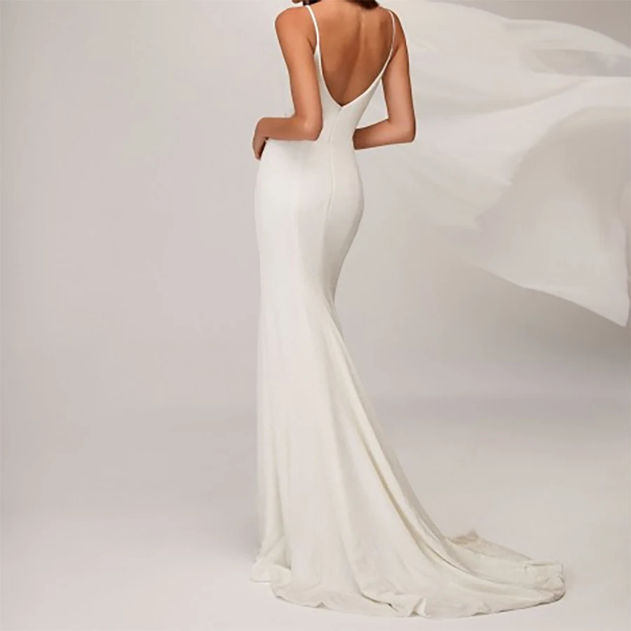 2026 New Spaghetti Strap Backless Mermaid Wedding Dresses Shiny Satin Slim Fit Long Train Bridal Gowns Sexy Elegant Simple Style