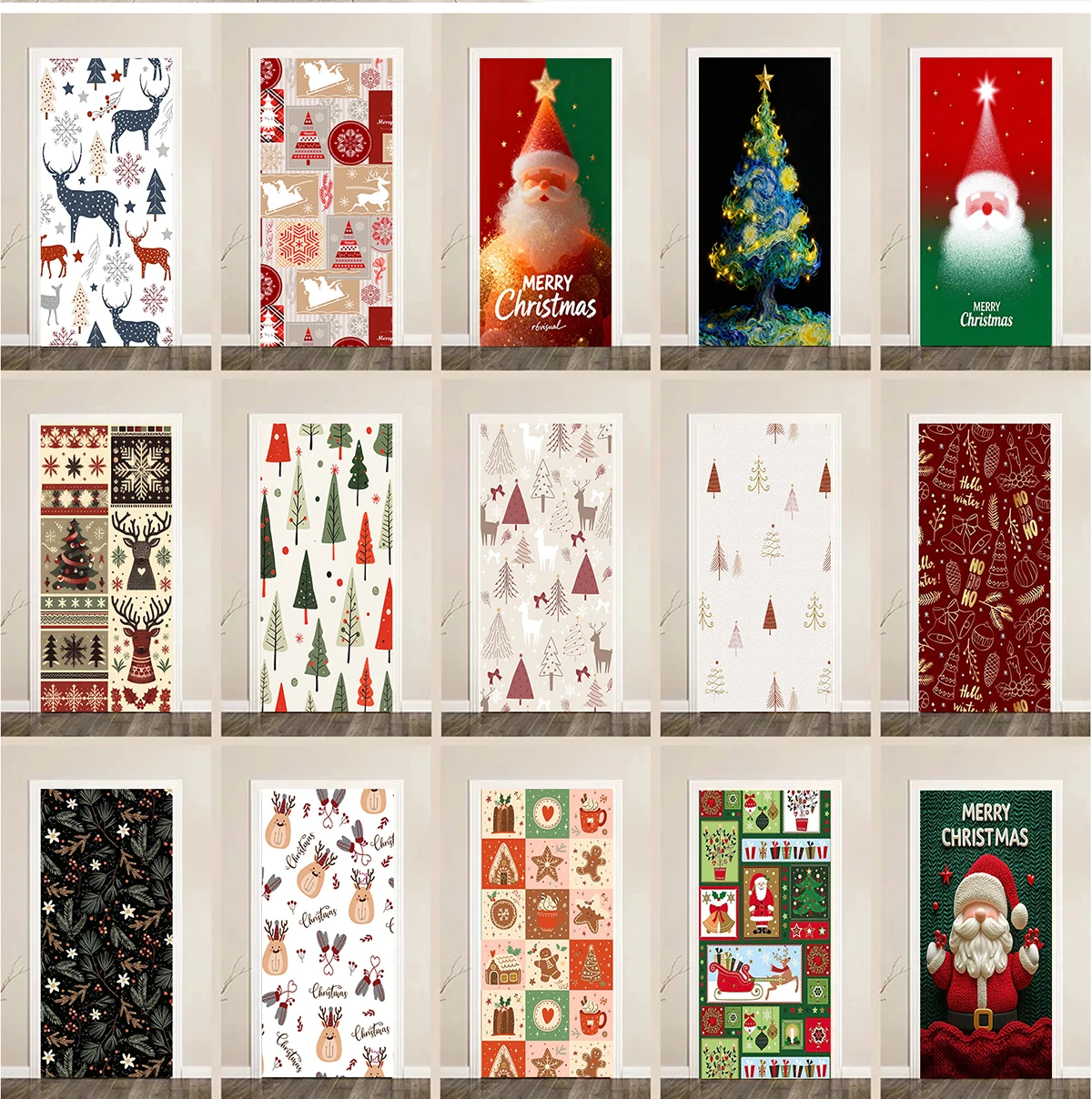 Christmas Door Sticker PVC Santa Claus Peel and Stick Waterproof Removable Door Decal Holiday Decor