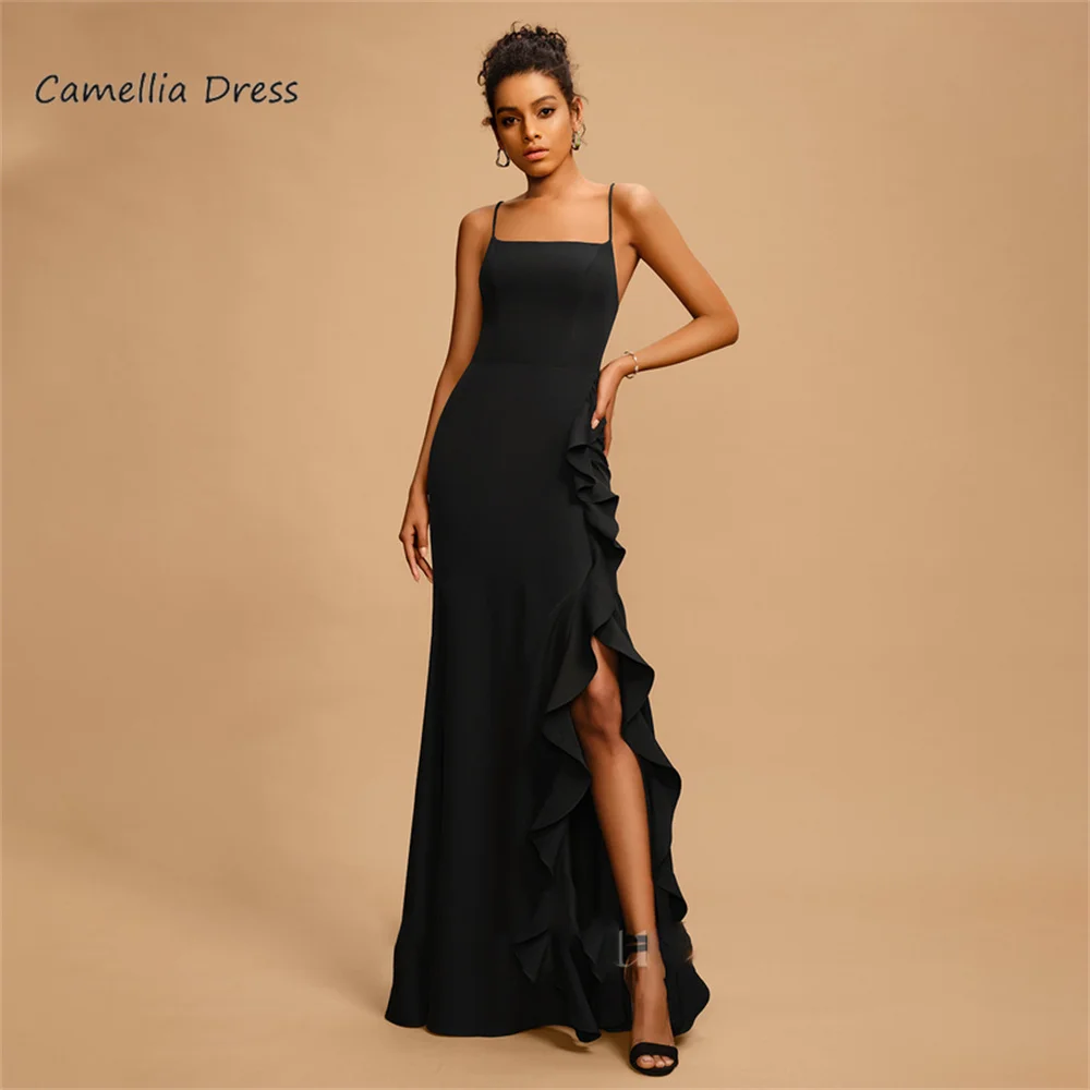 

Simple Sheath Evening Dresses Square Neck Floor-Length Party Dresses With Ruffle Formal Dresses Vestidos De Fiesta فساتين السهرة