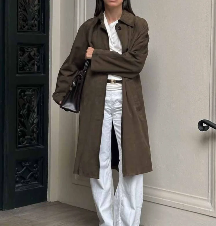 

British Style Urban Women's Long Windbreaker Brown French Style Lapel Cardigan Suede Jacket Loose Women's Windbreaker Jacket