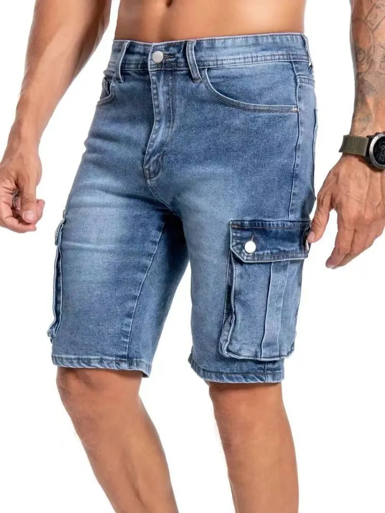 Summer Men's Denim Shorts Stretch Slim Cargo Fashion Jeans Large Pocket Bermuda Solid Color Casual Short Pants Male
