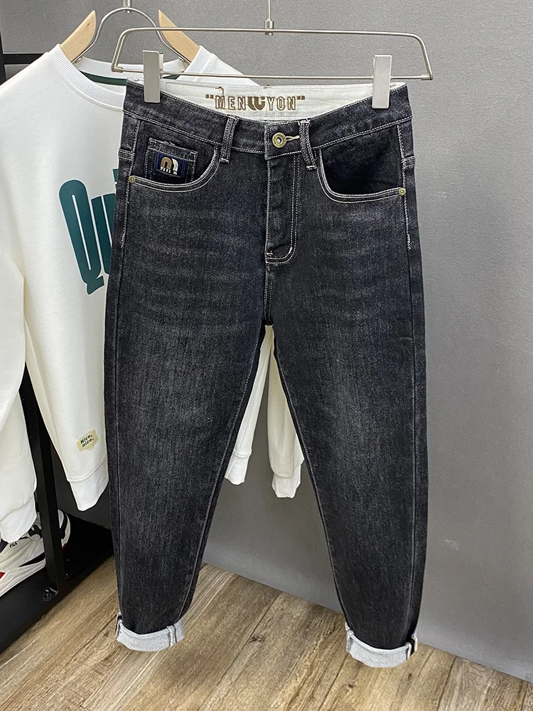 

Осень 2021, новый тренд, уличные джинсы с маленькими штанинами для мужчин, простые и универсальные, эластичные зауженные длинные брюки