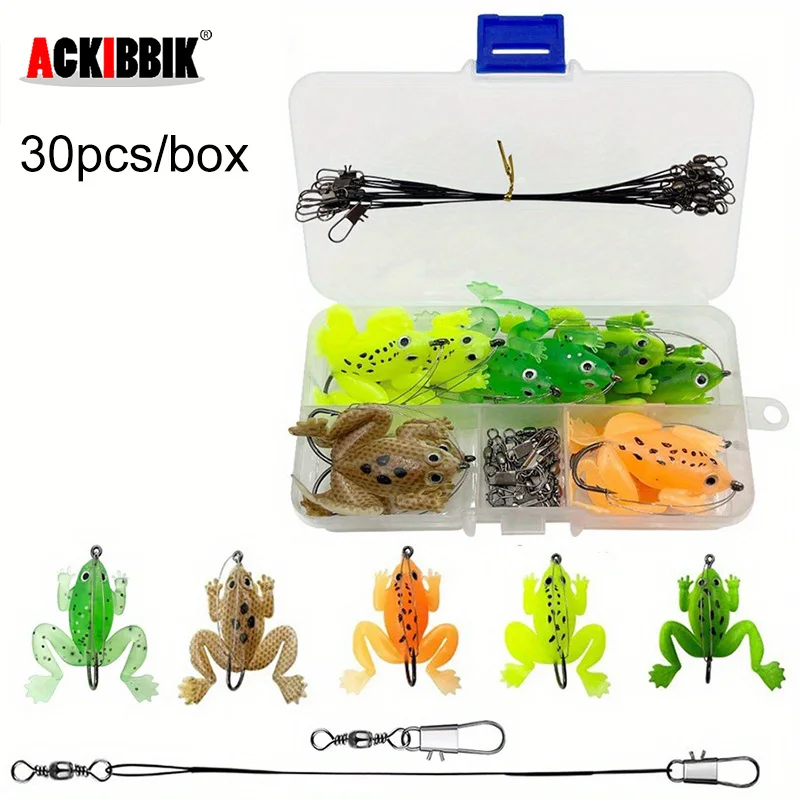 

Ackibbik 30pcs/box Soft Frog Fishing Lures Set with Swivels & Leaders Wire Frog Lure Kit for Bass Pike Artificial Frog Swimbait