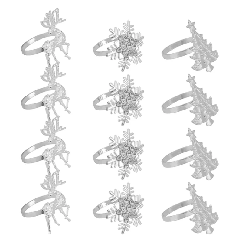 حامل مناديل عيد الميلاد، حلقة منديل شجرة عيد الميلاد على شكل ندفة الثلج من الأيائل لإعداد عشاء عطلة الشتاء وزينة عيد الميلاد