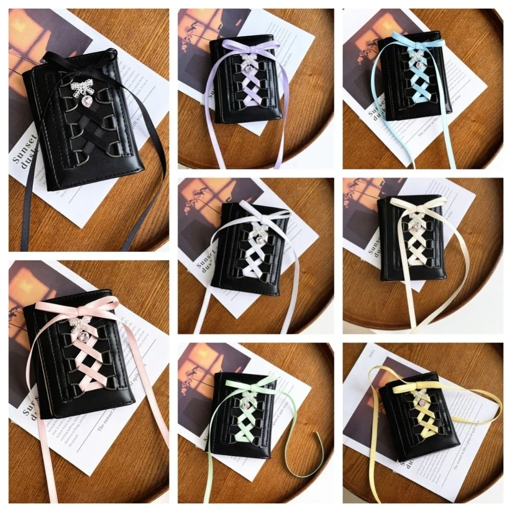 

Silk Ribbon Balletcore Three Fold Wallets PU Leather Bow Cash Purse Bag Crossover Strappy Card Bags