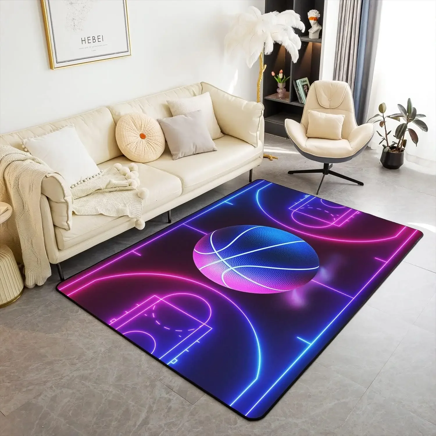 Cool Basketball Rug Carpet for Boys Teens Men Room Kids Rugs for Playroom Basketball Ball on Fire Floor Mat Room Decoration