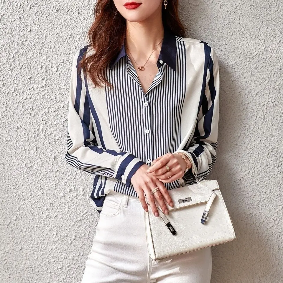 Striped Color Blocked Long Sleeved Chiffon Shirt for Women\'s Spring Autumn New Commuting Temperament Loose Versatile Shirt Top