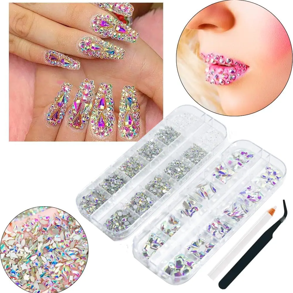 Nail Rhinestones,Nail Art Charms Aurora Colorful, Diamond Gems Stones with AB Flatback Round Nail Beads, Clear Glass Gem Stones