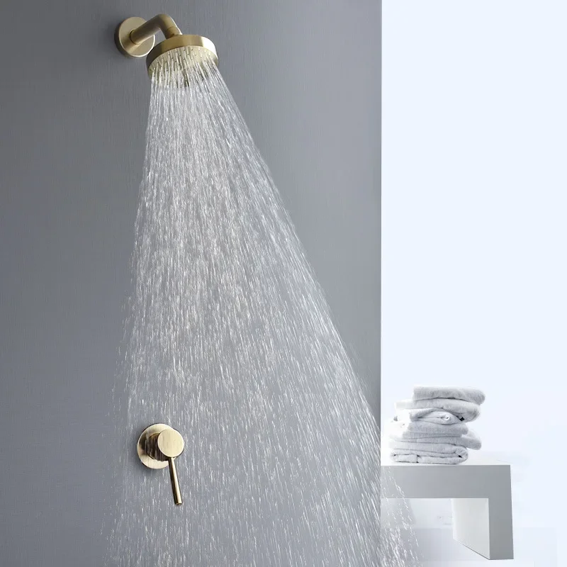 Bathroom Shower Set Brushed Gold Round Rainfall Faucet Wall Mounted Nickel Mixer Head