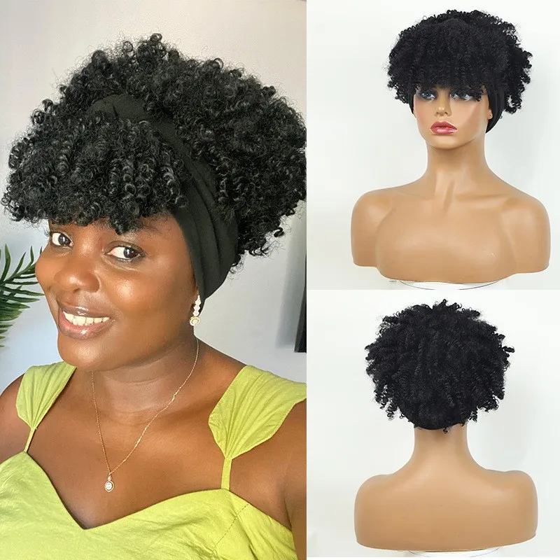 Afro Kinky Curly Headband Wigs Short Fluffy Curly Scarf Wig with Bangs Natural Synthetic Afro Curly Head Band Wig Cosplay