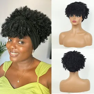 Afro Kinky Curly Headband Perucas, peruca curta cachecol macio com Franja, Afro sintético natural, peruca cabeça banda, Cosplay 10 principais vendas peruca organica ondulado - №8