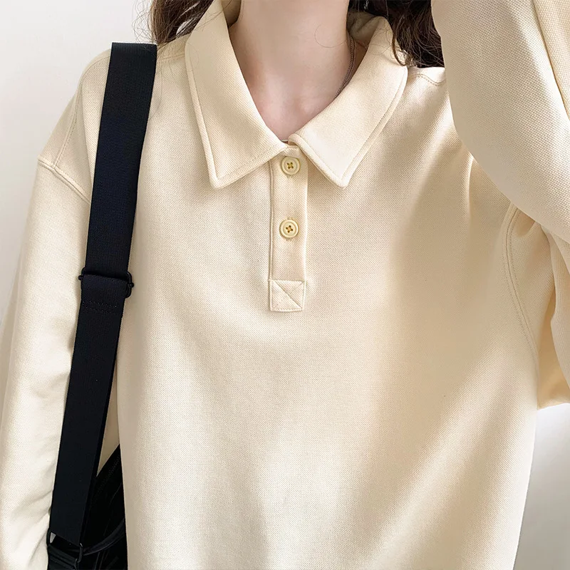 Vintage Lapel Collar Loose Sweatshirt Women New Spring Autumn Korean Style Casual Pullovers Women Solid Long Sleeve Hoodie