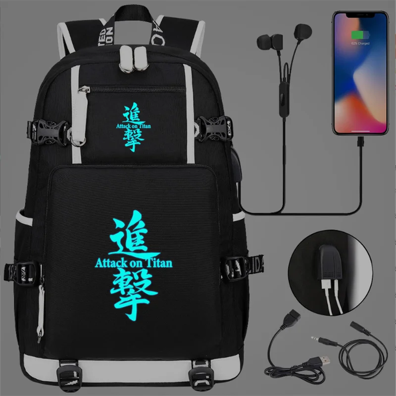 

Anime Attack On Titan Luminous Backpack Teenarges Schoolbag Men Women USB Charge Port Night Light Laptop Outdoor Bags Mochila