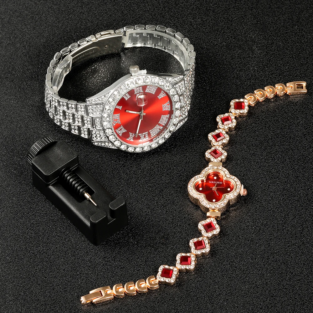 Conjunto de reloj de 2 piezas para hombre y mujer, accesorio de pulsera con diseño de trébol de cuatro hojas, diamantes incrustados, estilo Hip-hop, Punk, joyería de lujo para fiesta