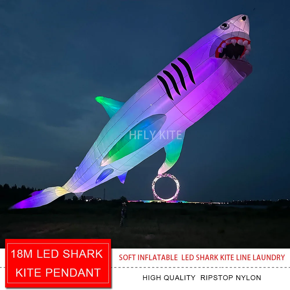 HFLY Nieuwe Aanwinst Zachte Opblaasbare Reuze 18m LED Haai Vlieger Lijn Wasgoed voor Volwassenen Hoge Kwaliteit Nylon Nachtshow Vliegers Hangertje