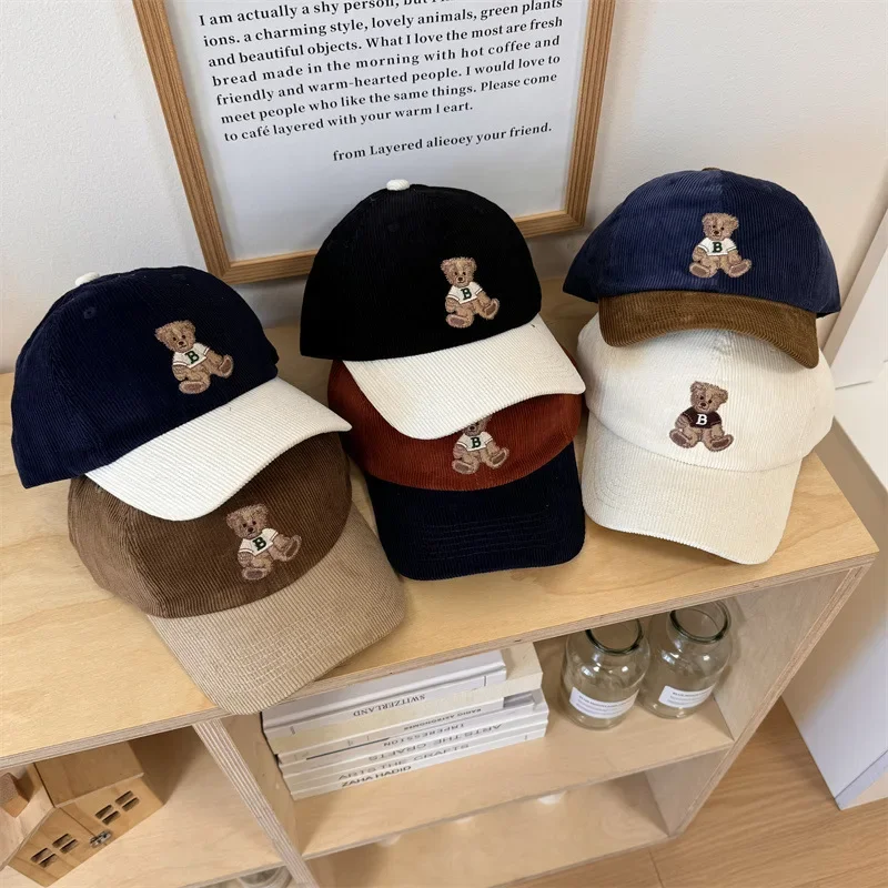 2024 New Women's Corduroy Duck Tongue Cap Color Block Small Brown Bear Spring Autumn Ins Trendy Brand Baseball Cap For Men