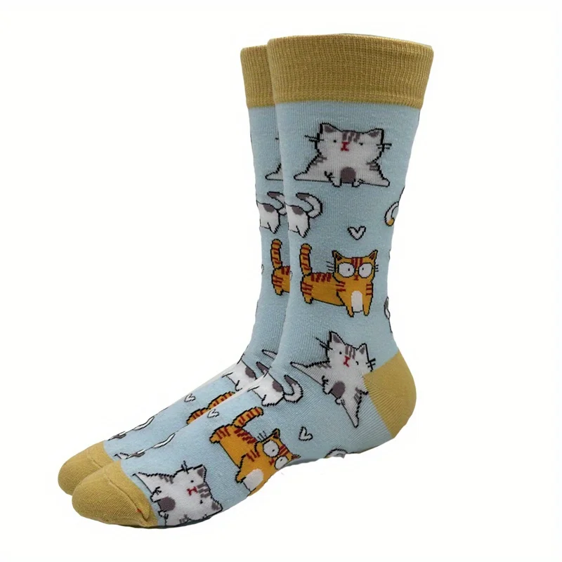 1pairs New Sock Men‘s Harajuku Funny Personality Color Blocking Cat Printing Hip Hop Simple Classic Creative Sock New