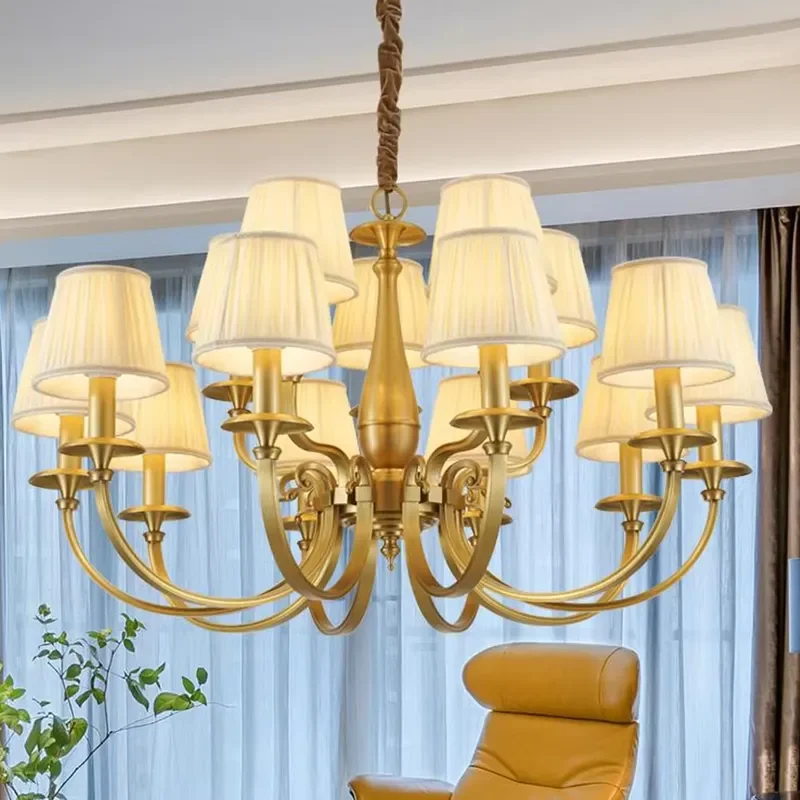 VH American Country Style Modern LED Copper Chandelier Warm Interior Fabric Decoration Lighting Adjustable Height for Villa