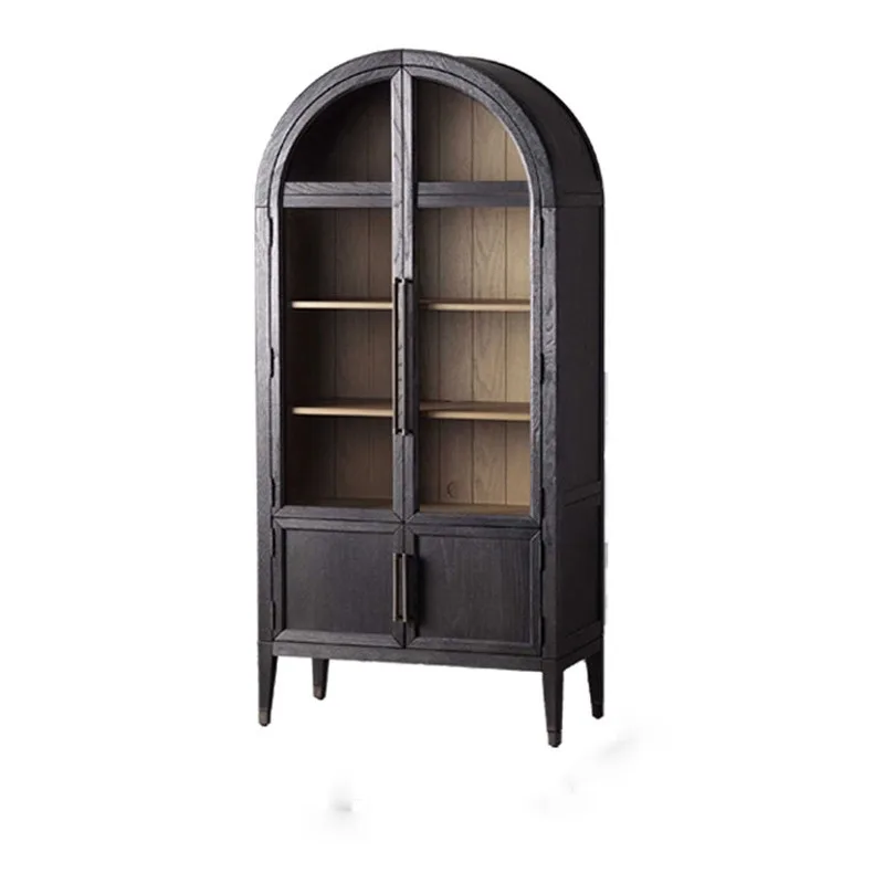 Country solid wood bookcase with door French vintage black glass door storage sideboard arched study bookshelf