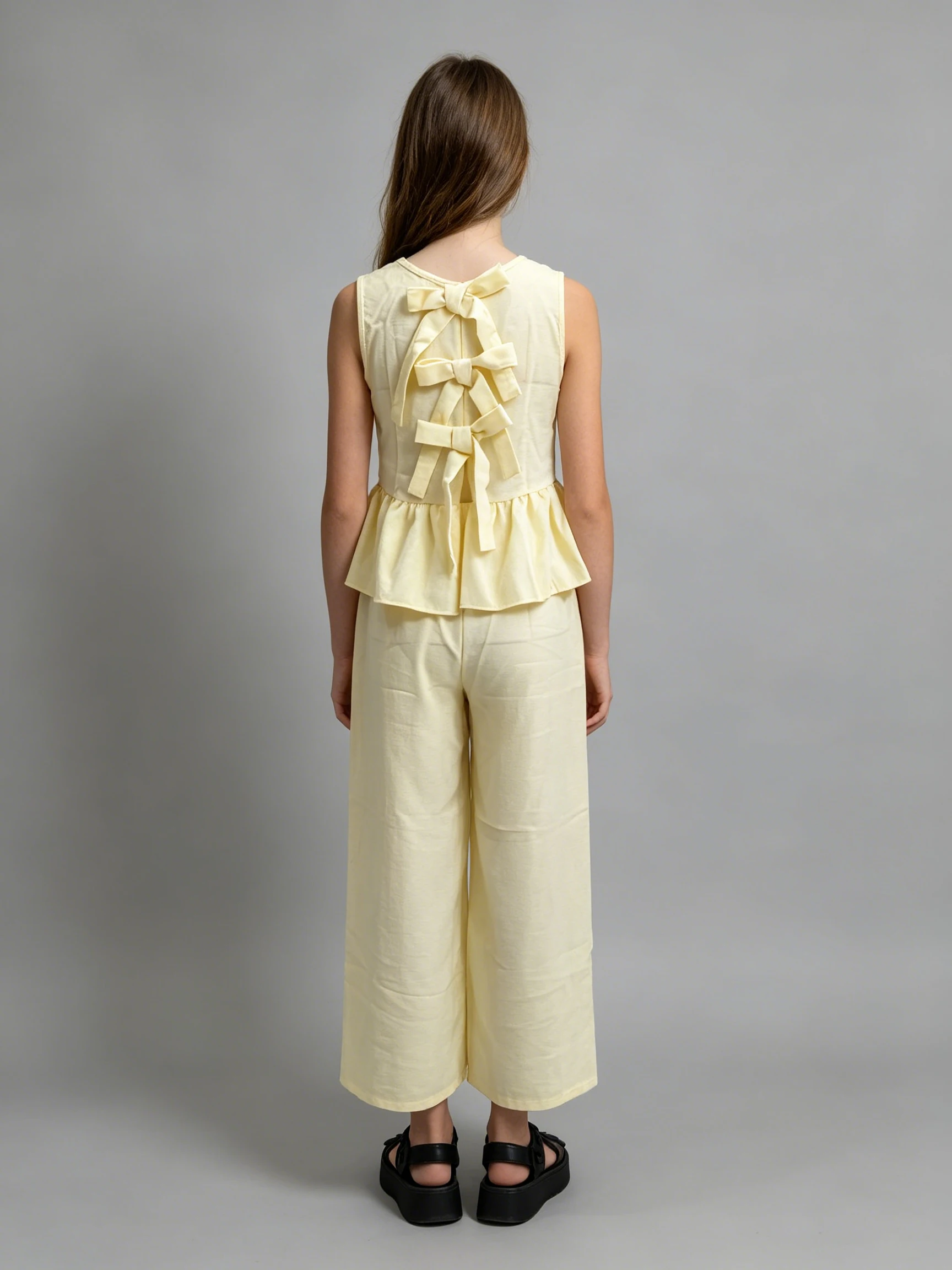 Two Piece Set Of Youth Back Bow Sleeveless Waist Cinched Lotus Leaf Hem Vest Loose Wide Leg Pants Daily Outdoor Casual Suit