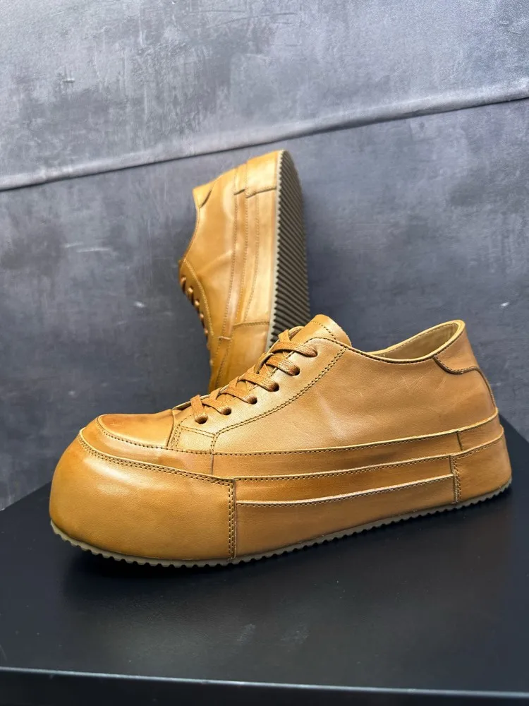 High Street Mens Cowskin Genuine Leather Platform Shoes Vintage Spliced Casual Walking Sneakers Lace Up Round Toe Men Footwear