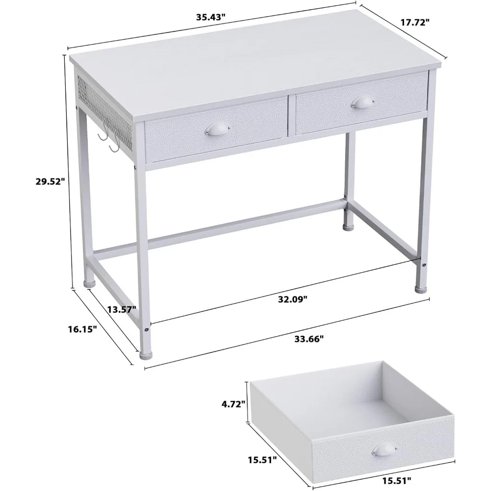 Mesa de computador pequena de 36", 2 gavetas de tecido, escrivaninha compacta, branca, perfeita para quarto ou escritório doméstico
