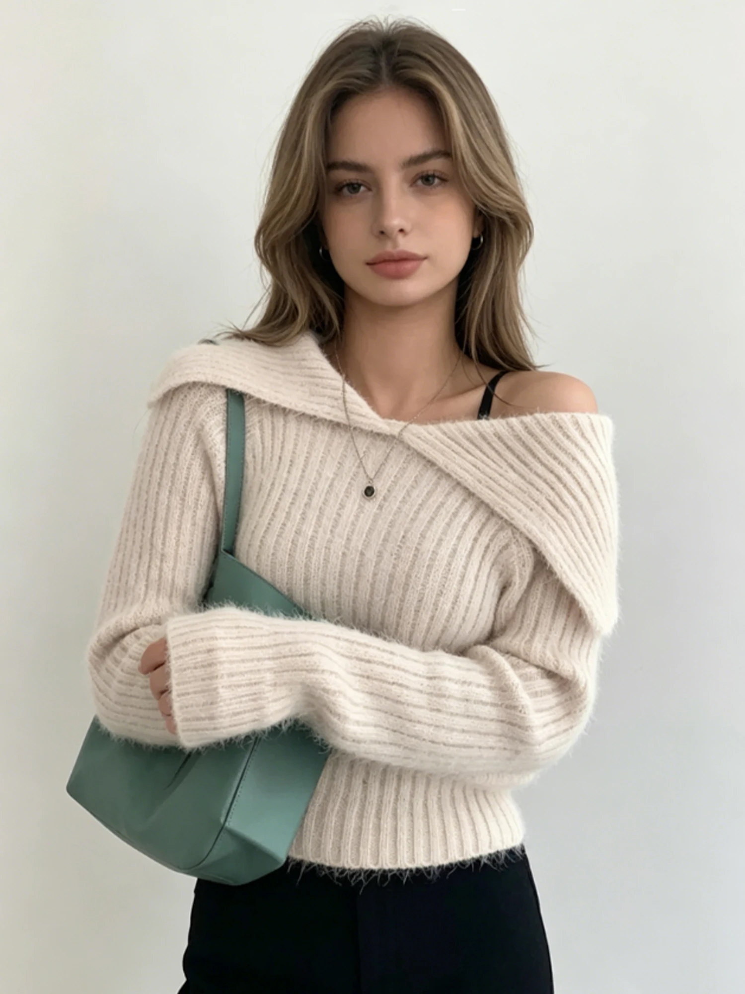 Women White Lapel Pullover Sweater Fashion Y2k Gyaru Vintage Knitwear Off Shoulder Sweater Knit Top for Women Autumn Winter 2026