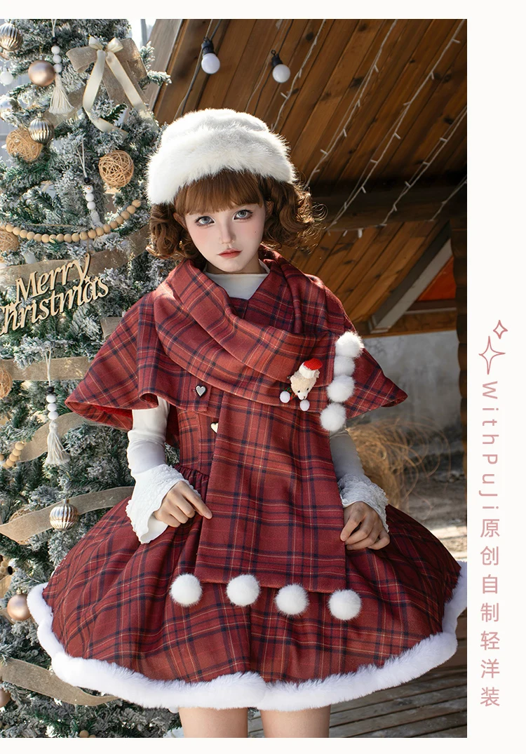 LolitaVintage الأحمر منقوشة قصيرة هيكل السمكة الصدر دعم فستان للنساء وشاح على غرار كيب Twinset الخريف الشتاء لوليتا الملابس