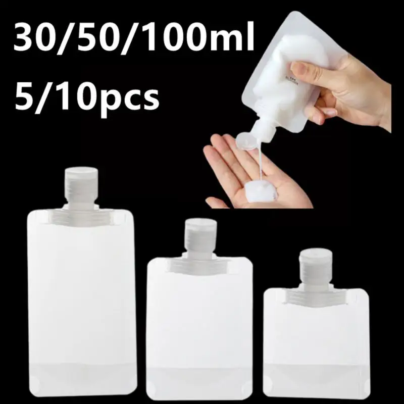 5/10pcs Portable Travel Fluid Makeup Packing Bag Transparent Flip Cap Packaging Bag Plastic Stand Up Spout Pouch 30/50/100 Ml