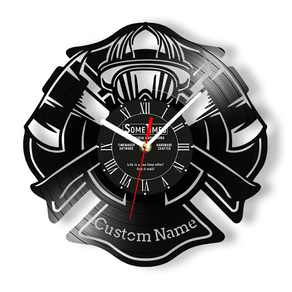 Custom Fire Department Vinyl Record Wall Clock For Office Room Personalized Firefighter Name Silent Quartz Clock Firemen Gift