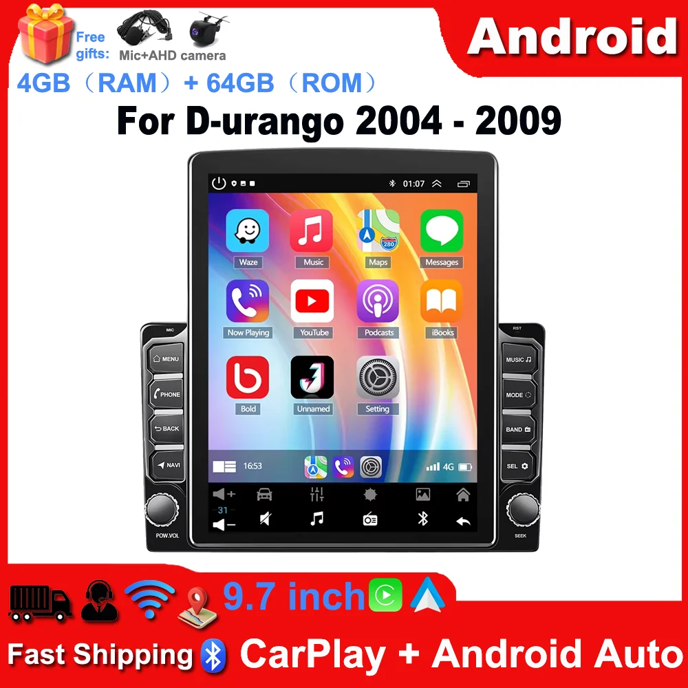 9.7inch Car Stereo Radio Fit for Car-play/Android Auto Double USB Interface Steering Wheel Control Bluetooth WiFi GPS Navigation Player Compatible for D-urango 2004-2009 Android 13 4G+64G