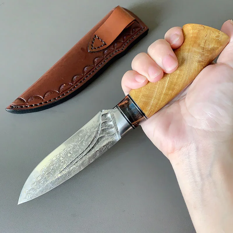 VG10 Damascus Steel Fixed Blade Knife Wooden Handle Outdoor Camping Survival Hunting Tool Knifes With Leather Case