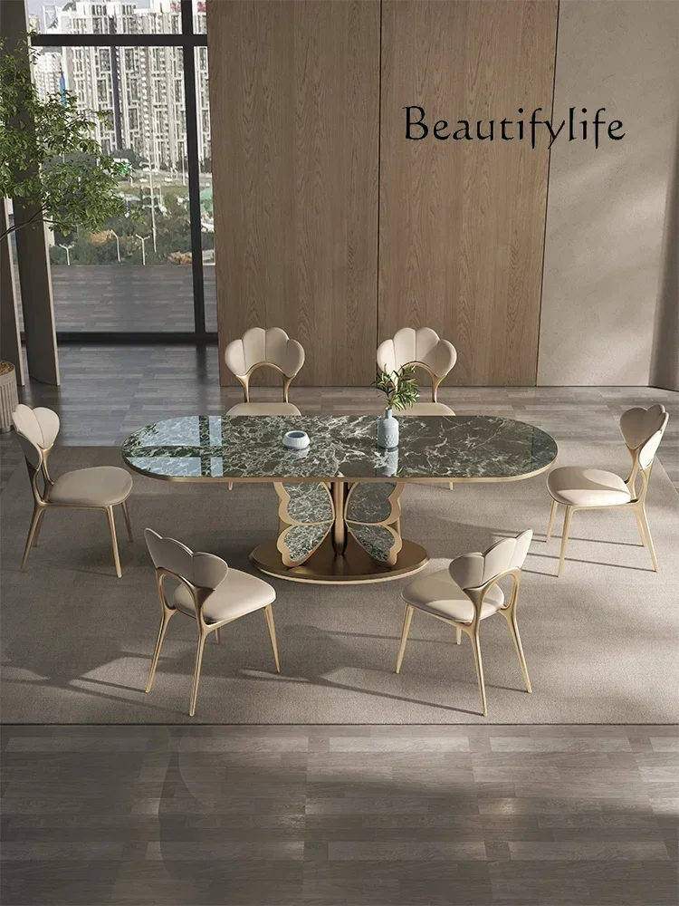 N36 Luxury Stone Marble Dining-Table High-End Modern Simple Rectangular Italian Stone Plate Dining Table Microlite