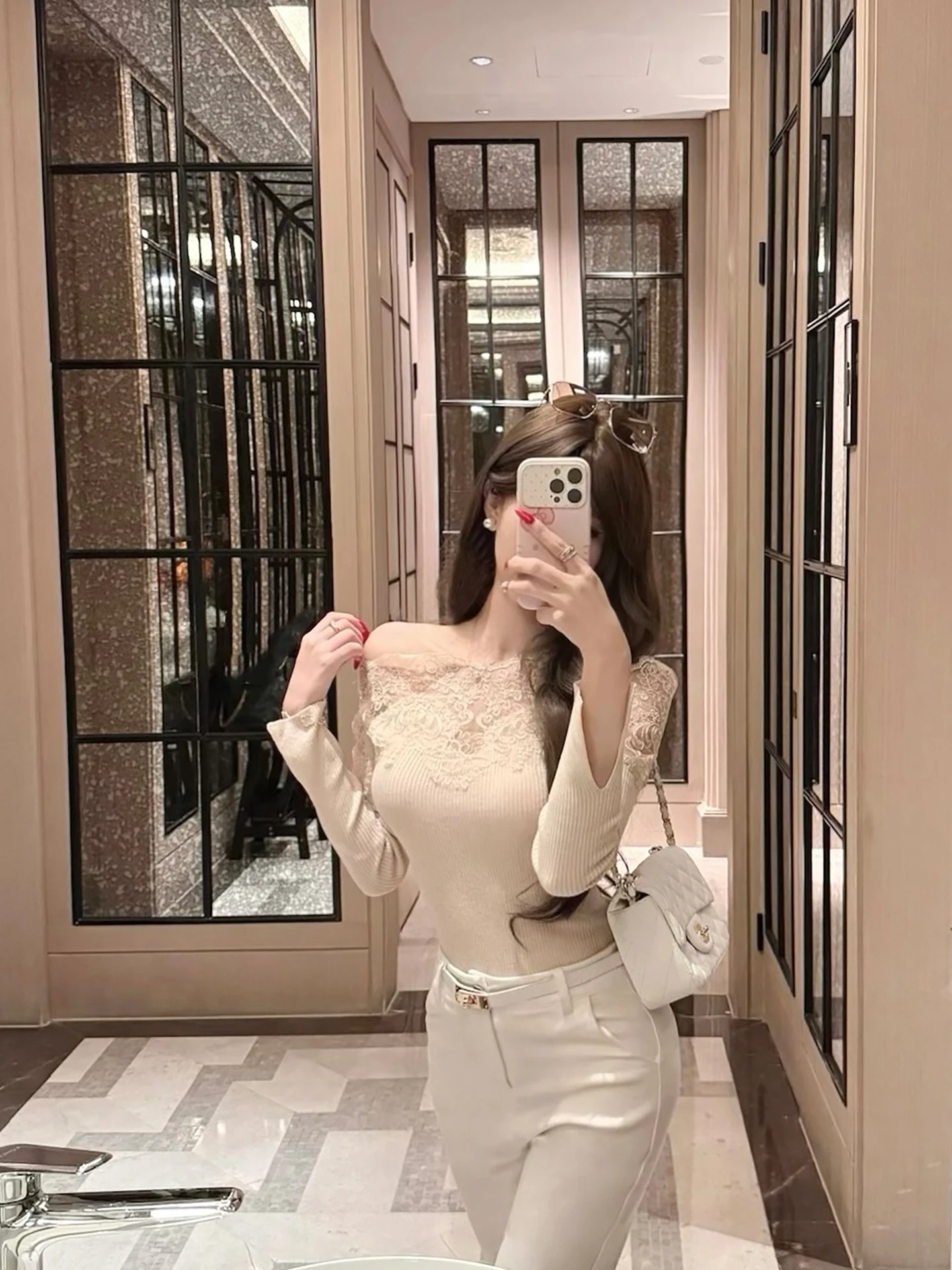 

CCZEE Lace oulder Bared Top Women's Autumn Winter Slim Fit High End Feel One oulder Top Soft Knitted Soft Fabric