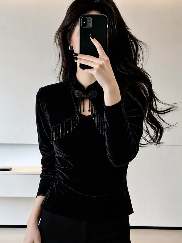 Elegante Camisa de Terciopelo Negro para Mujer, Moda Otoño 2026, Nuevo Estilo Chino, Cuello Mao, Botones, Borlas, Corte Ajust...