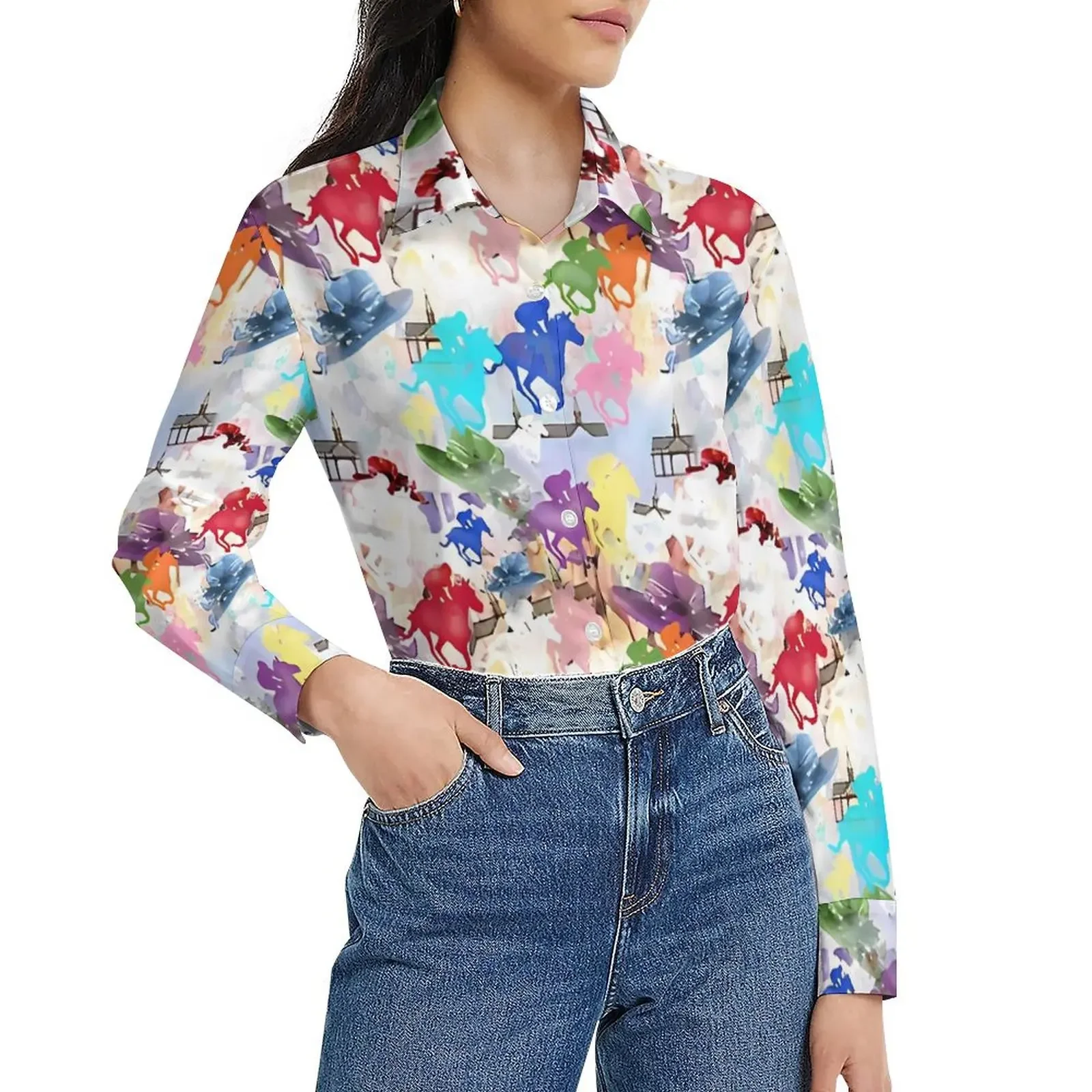 

Horse Animal Print Blouse Retro Vintage Graphic Blouses Fashion Woman Long-Sleeve Lapel Shirt Spring Casual Loose Style Tops