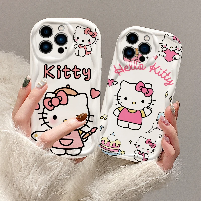 

Pink Cartoon Hello Kitty 3D Wave Case For iPhone 16 15 14 13 12 11 Pro Max Mini X XR XSMAX 8 7 6S Plus Soft Silicone Cover